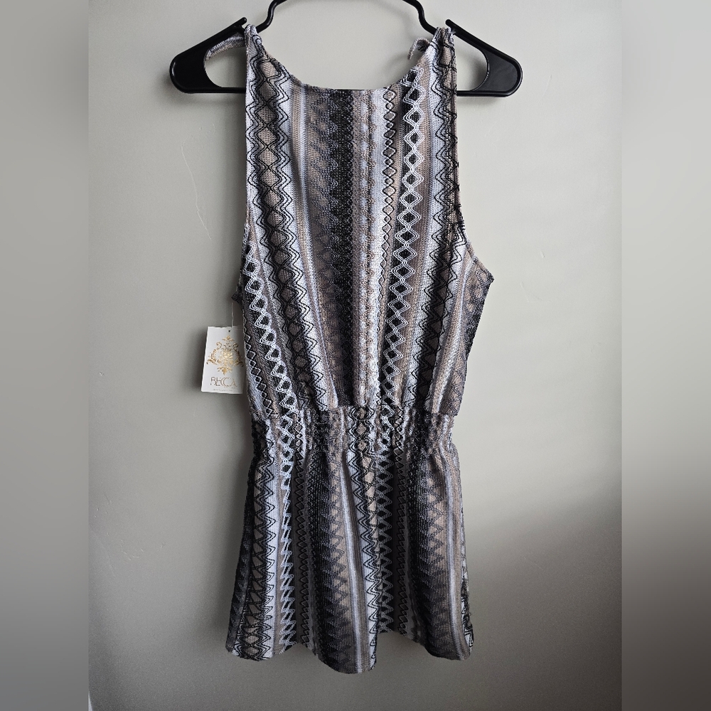 BECCA Striped Black and Gray Backless Dress